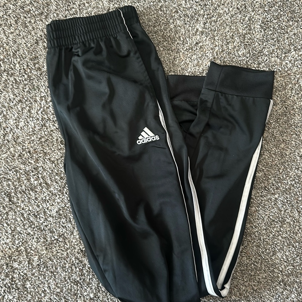 Adidas young adult/boys joggers. Like new! Black with white stripes. Large 14/16